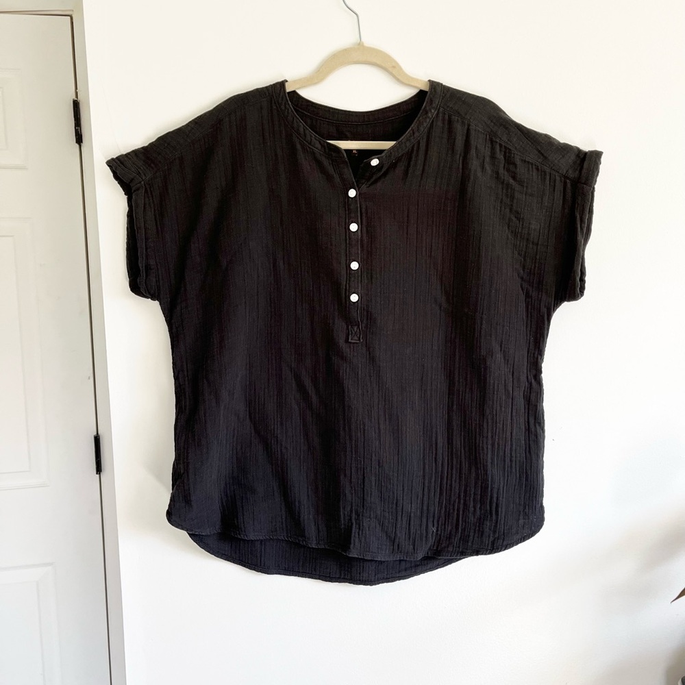 Quince Women's Black Gauze Rolled Cuff Short Sleeve Button-Up Tunic Top XL - Picture 3 of 8